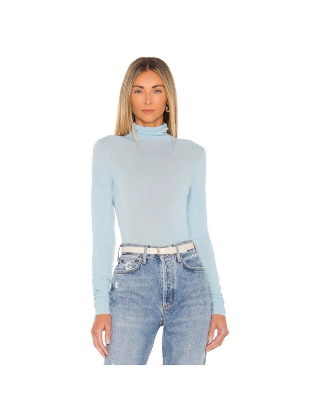 Revolve For Love & Lemons Women Blue Ruched Long Sleeve Turtleneck Top Small